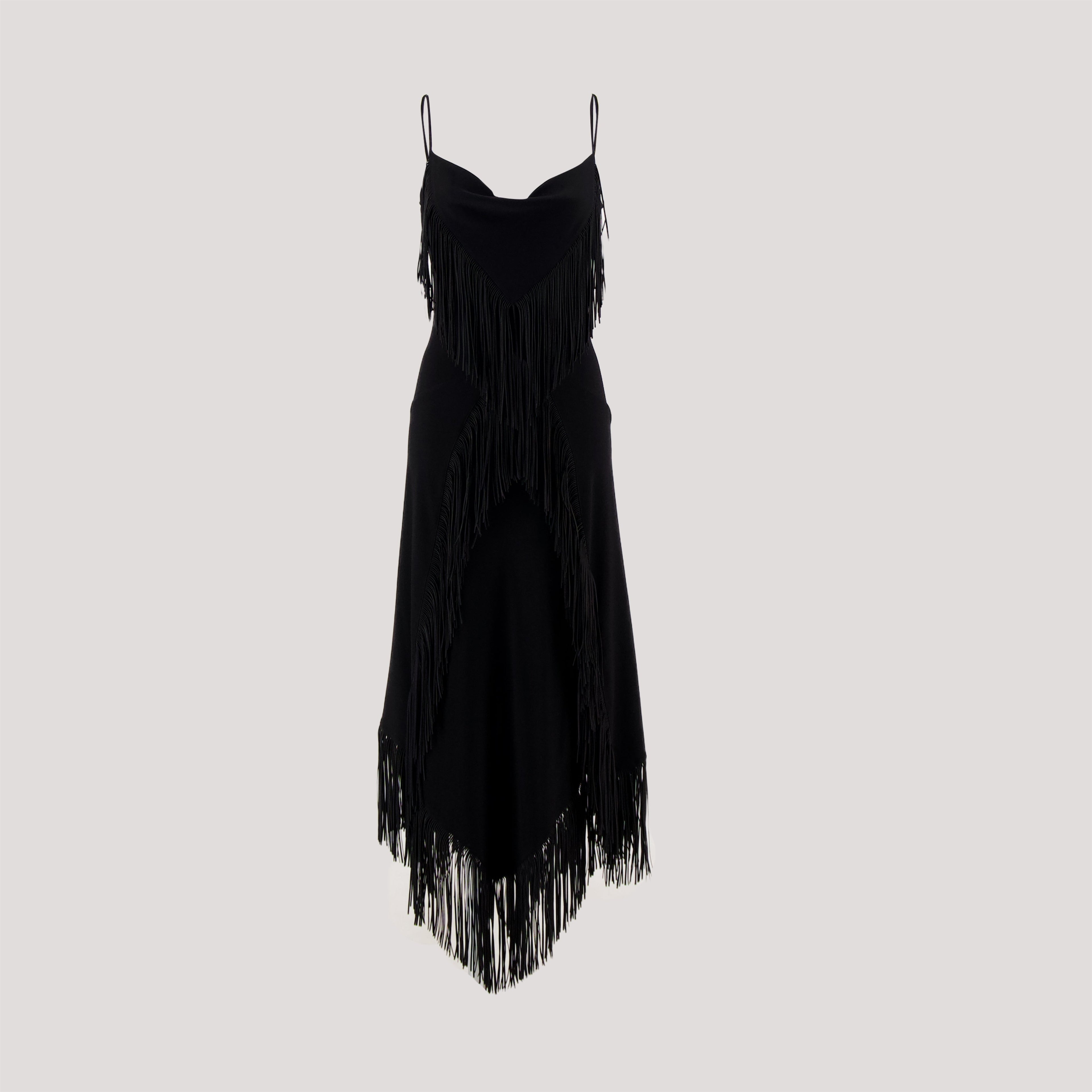 fringe dress, Rabanne dress, long dress black, cowl neck dress, summer fashion