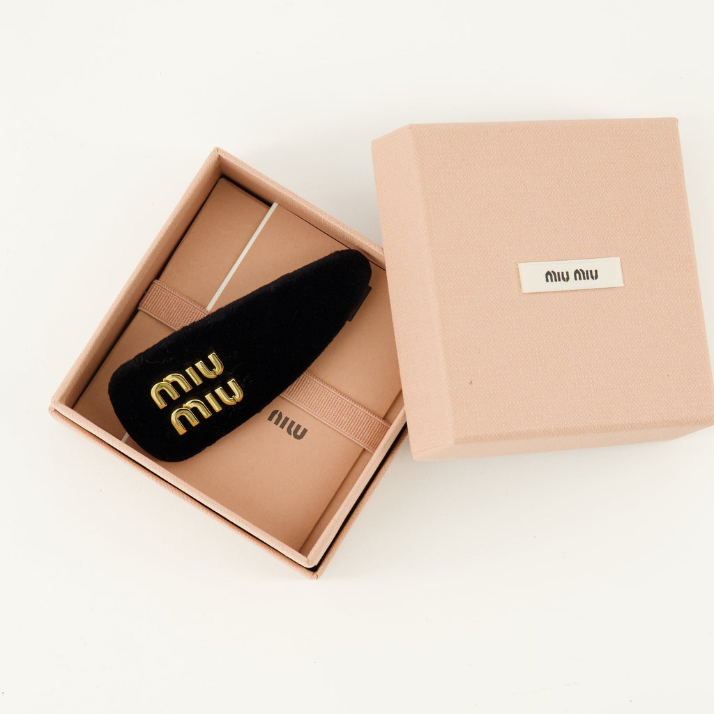 Miu Miu hair clip, black hair accessory, velvet hair clip, luxury hair accessory, Spring-Summer collection