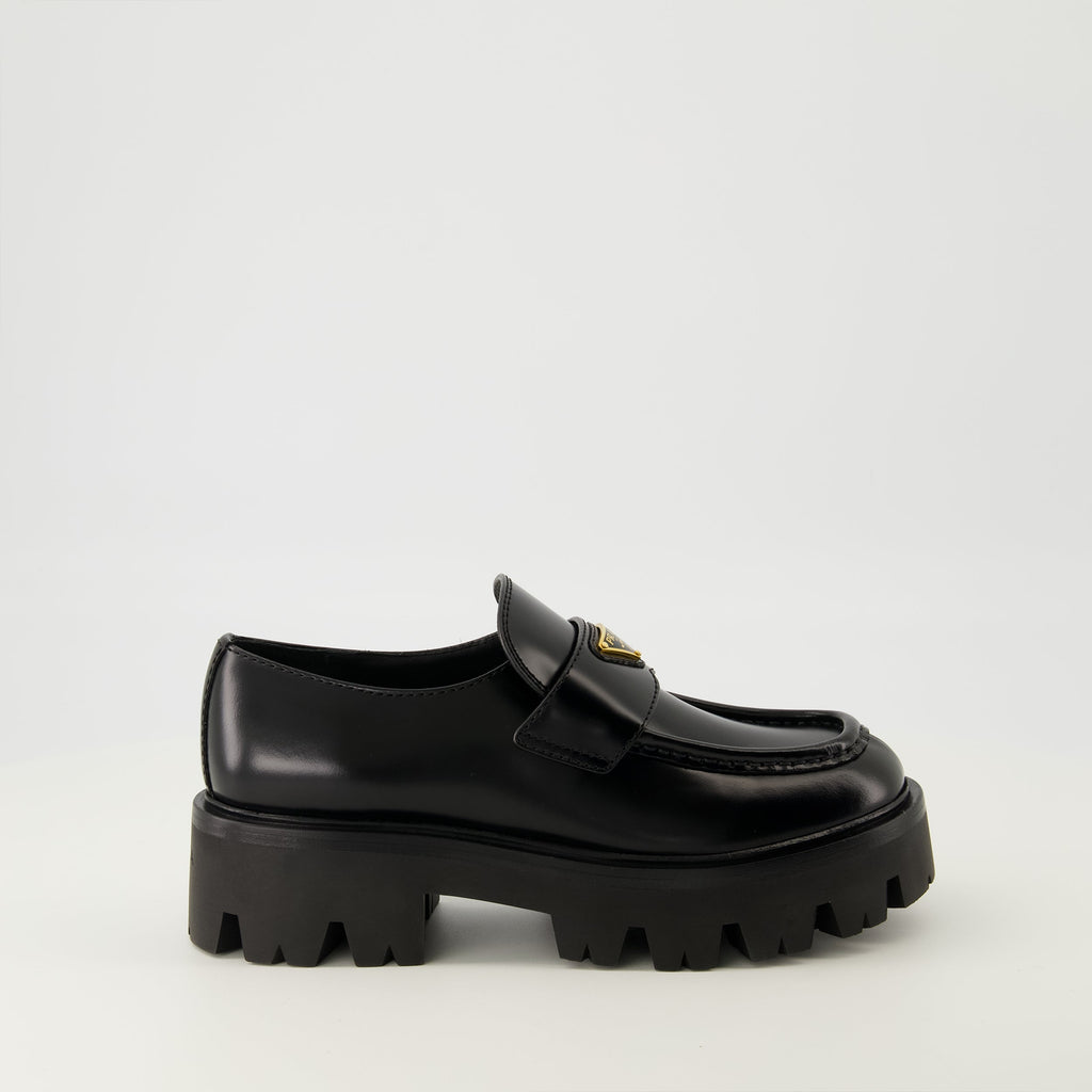 Prada moccasins, black leather shoes, slip-on footwear, rounded toe moccasins, Autumn-Winter collection