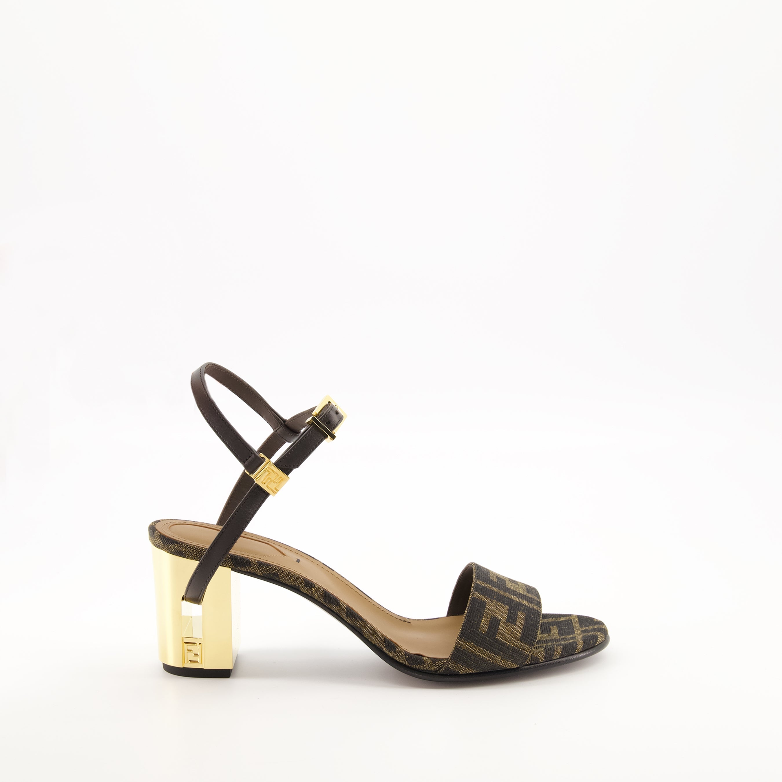 brown heeled sandals, Delfina, adjustable ankle strap, FF print, Fendi sandals