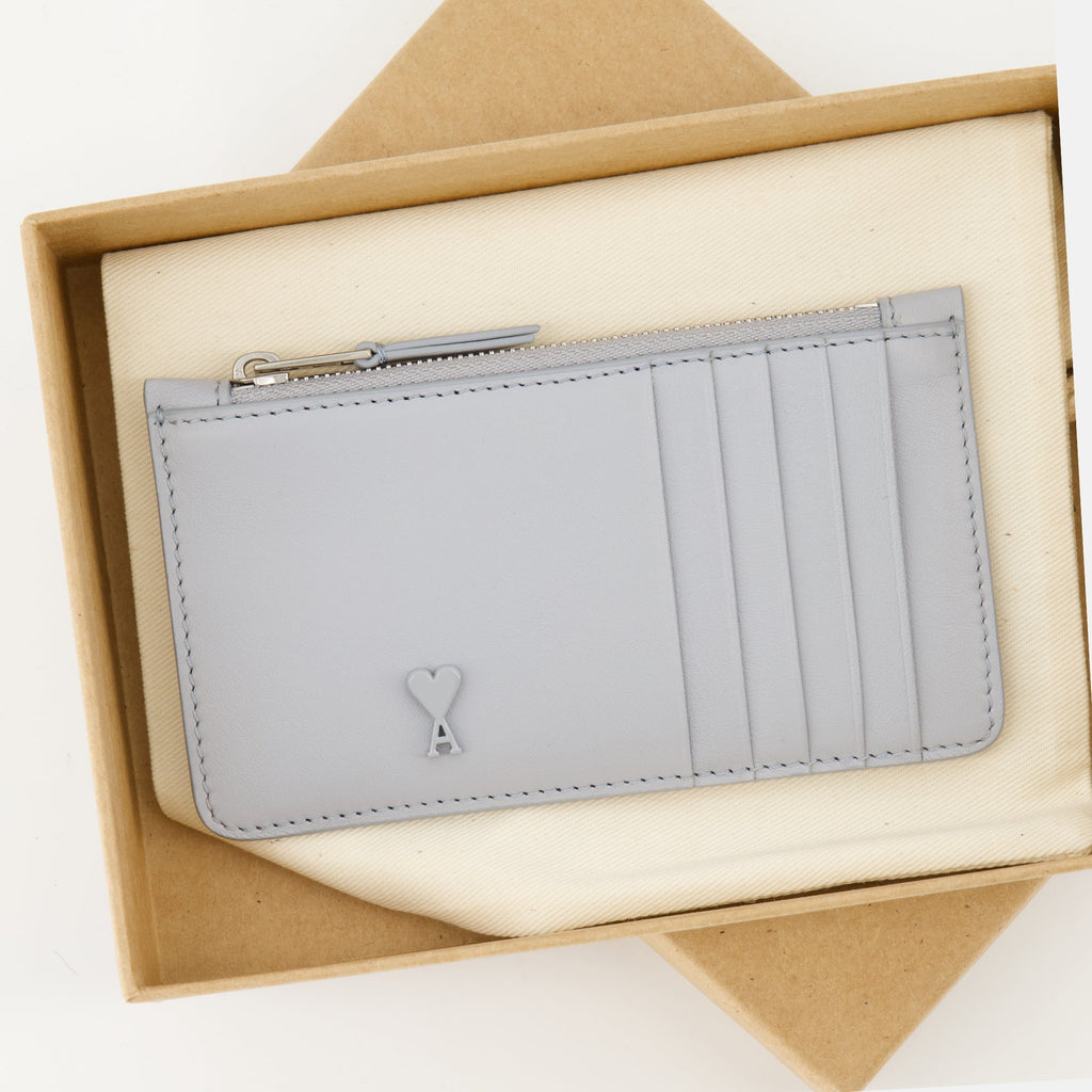 Ami Paris card holder, zipped card case, sky blue leather accessories, unisex card holder, designer leather goods