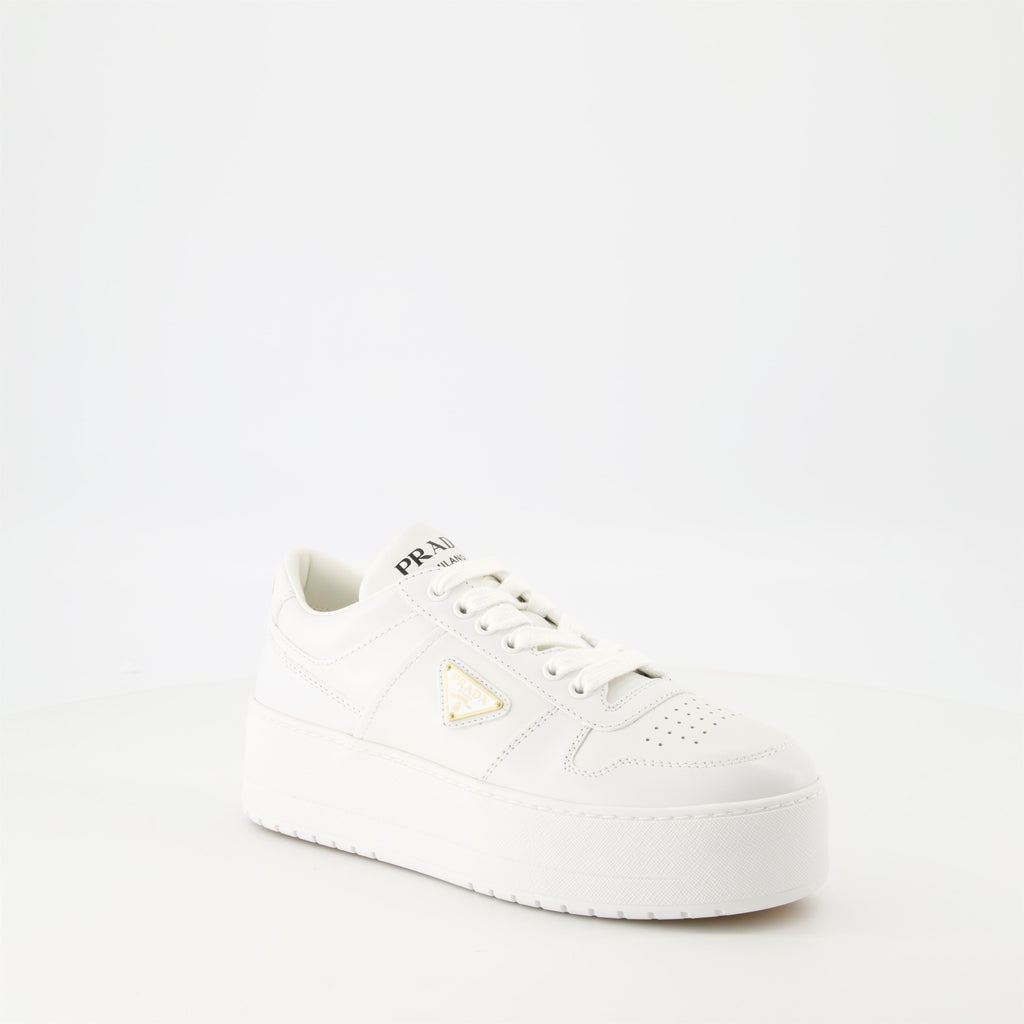 white sneakers, Prada Downtown Bold, platform shoes, smooth leather sneakers, geometric perforations
