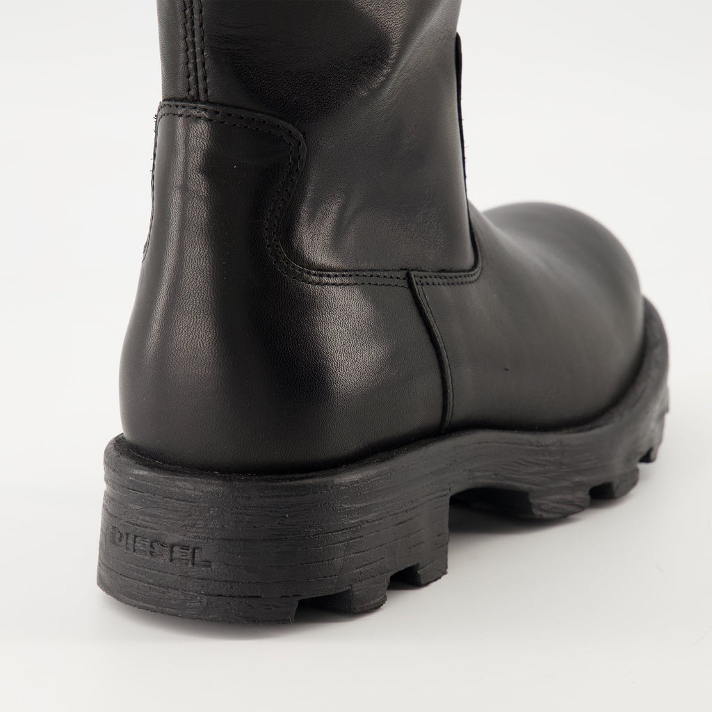 Diesel boots, black leather boots, D-Hammer BKR D W, women's footwear, autumn-winter collection