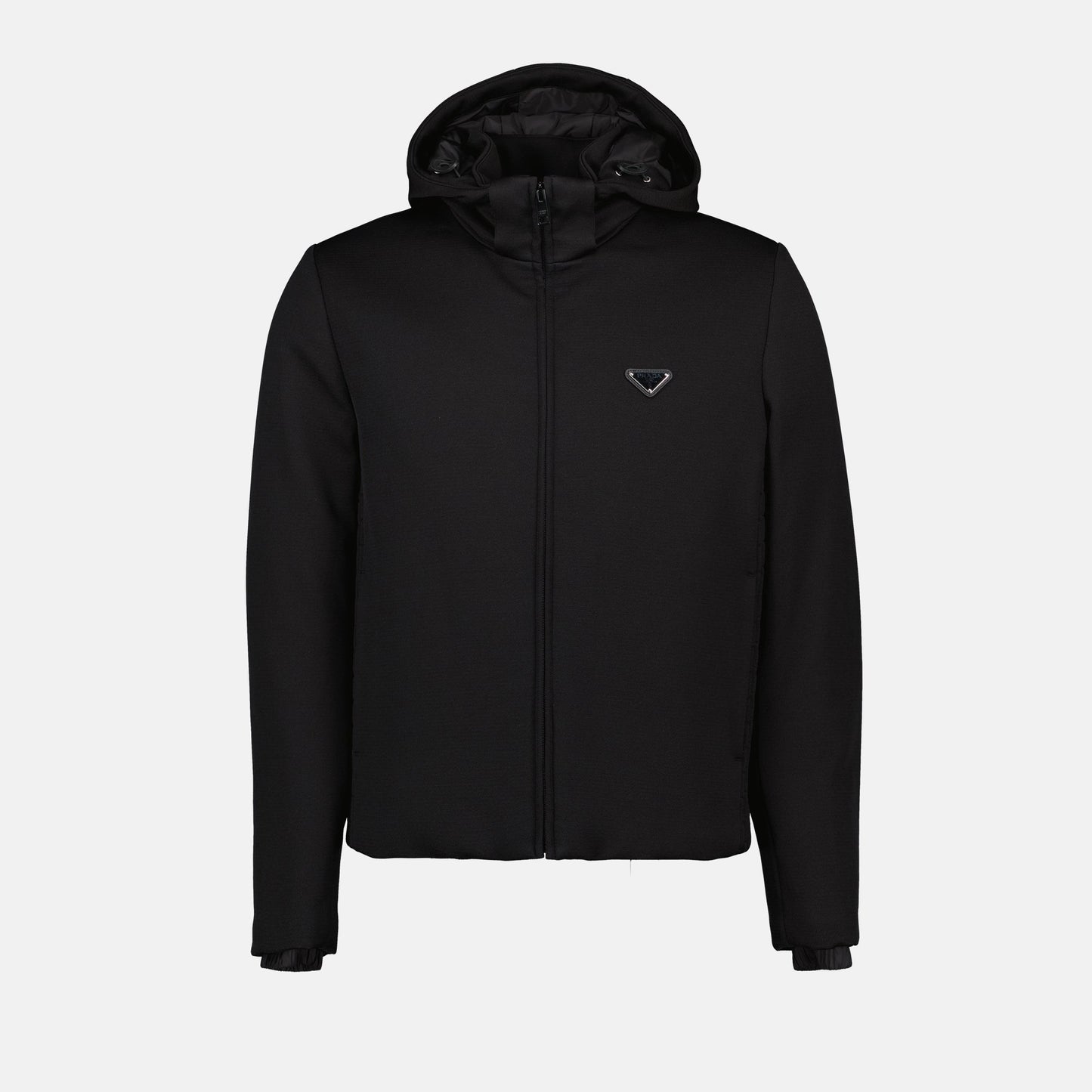 Black nylon jacket, adjustable hood, dual-zip closure, Prada Fall-Winter, metal logo