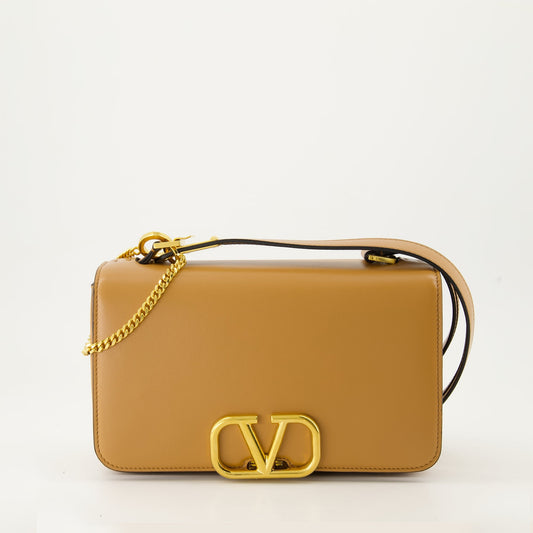 Camel leather shoulder bag, VLogo Signature, gold-tone accents, adjustable strap, Valentino Garavani bag