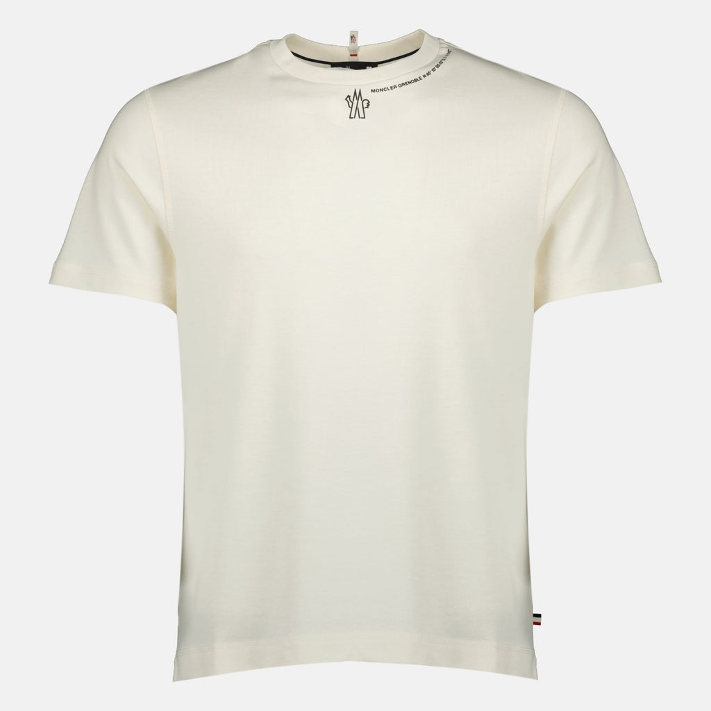 Moncler T-shirt, beige logo shirt, cotton jersey t-shirt, Autumn-Winter collection, short sleeve T-shirt