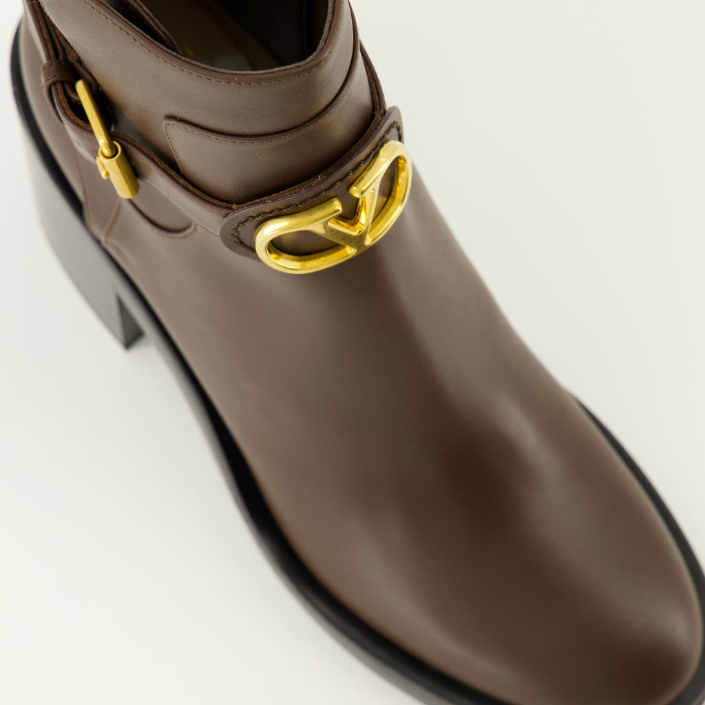 Vlogo booties, Valentino Garavani footwear, brown leather booties, luxury footwear, designer booties