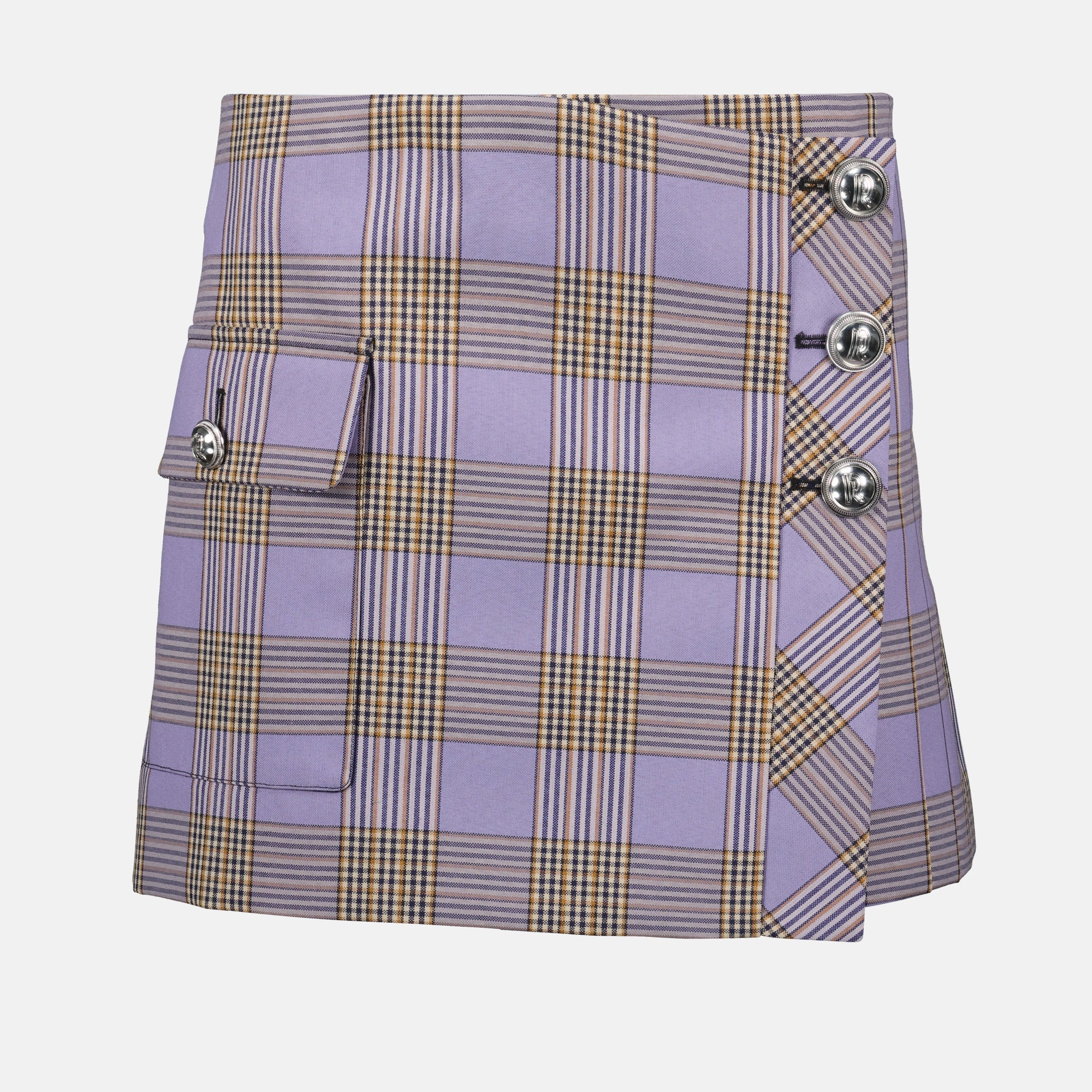 purple mini skirt, checkered skirt, women's fashion, Rabanne apparel, Spring-Summer collection
