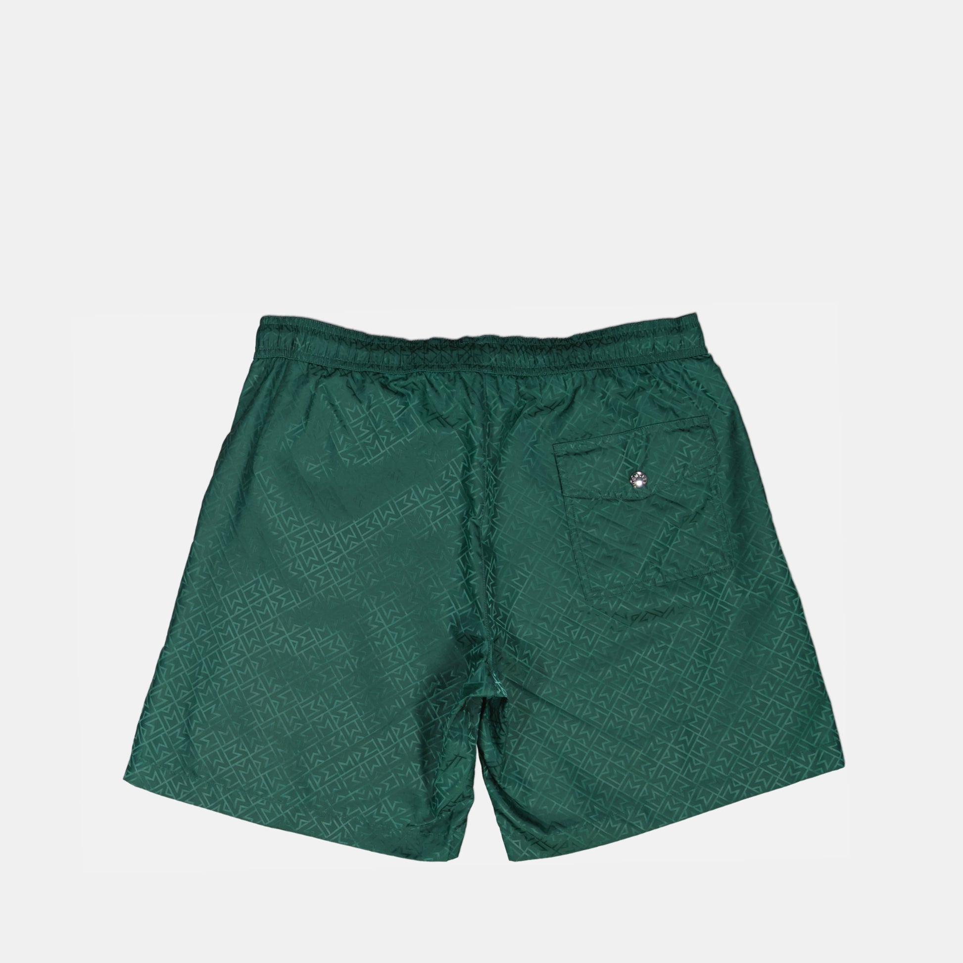 Monogram swim shorts, Moncler swimwear, green swim shorts, sustainable swimwear, jacquard nylon shorts