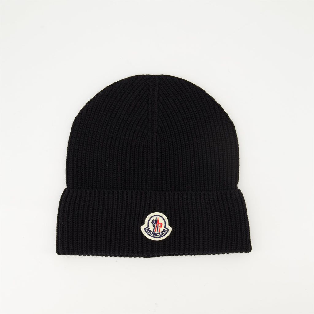 black knit bonnet, Moncler logo, Spring-Summer 2025, ribbed cotton accessory, stylish headwear