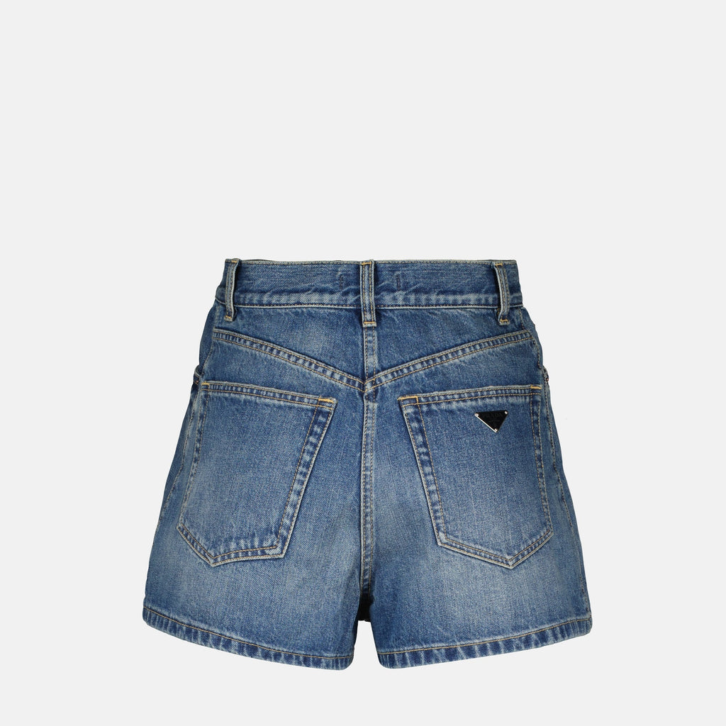Prada denim shorts, high waist shorts, casual chic shorts, faded blue denim, Autumn-Winter 2025 collection