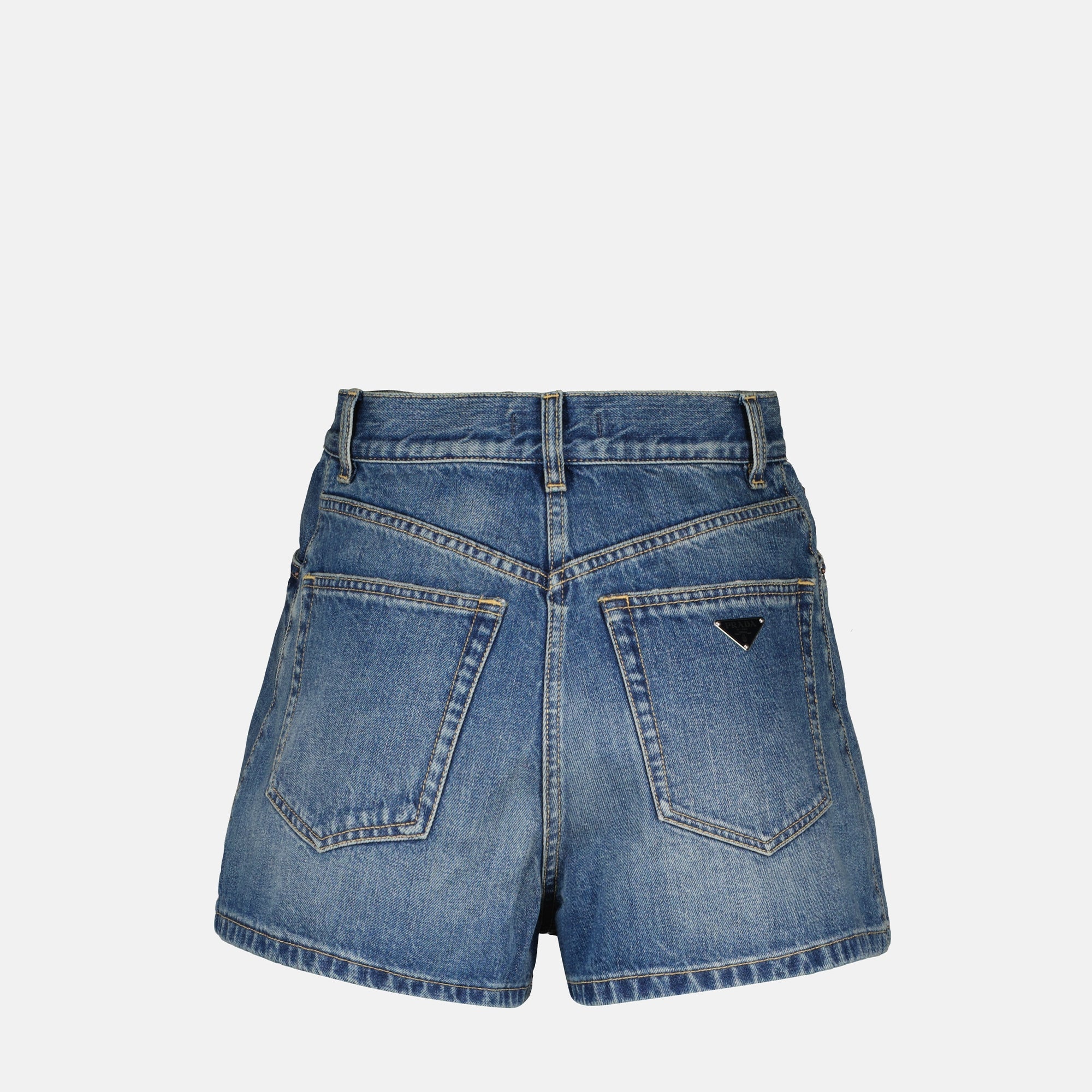 Prada denim shorts, high waist shorts, casual chic shorts, faded blue denim, Autumn-Winter 2025 collection