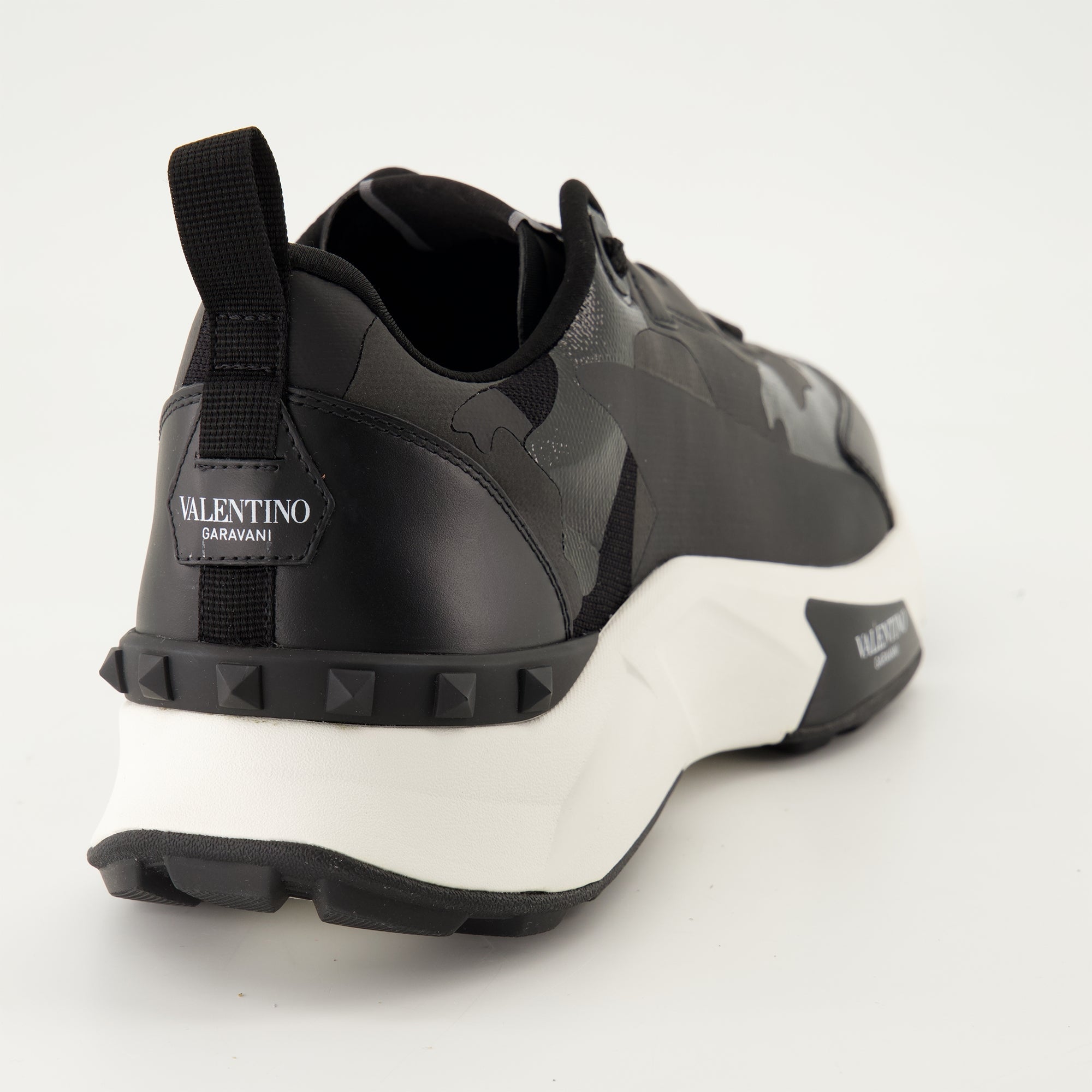 Black Camouflage Sneakers, Technical Fabric Sneakers, Leather Footwear, Rugged Rubber Sole, Contemporary Style