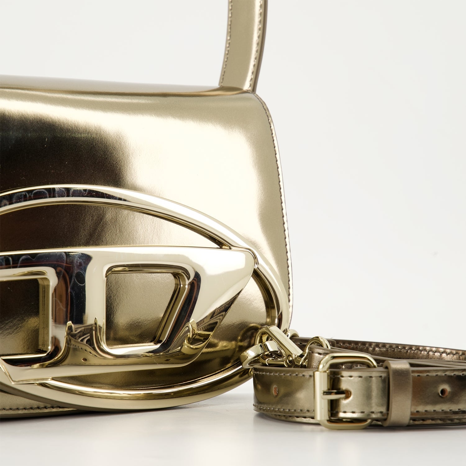 diesel bag, mirrored gold bag, luxury handbag, autumn-winter collection, adjustable strap bag