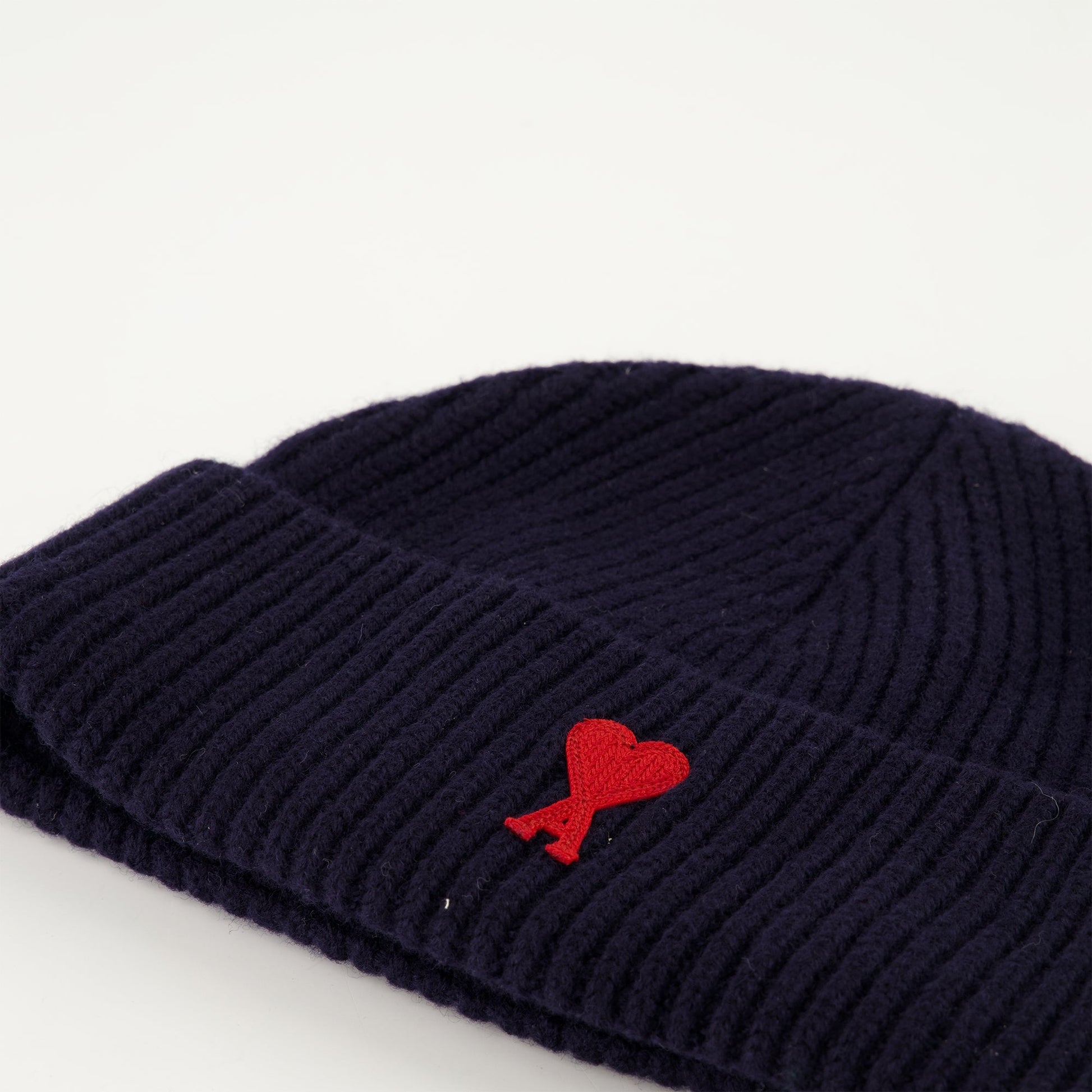 AMI Paris beanie, navy blue beanie, heart embroidered beanie, luxury wool beanie, designer winter accessories