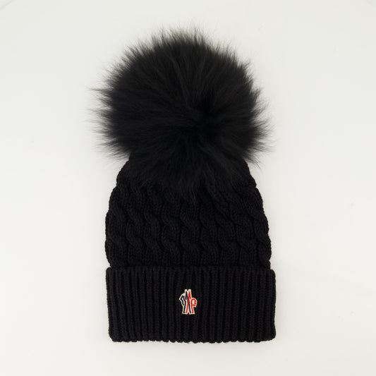 Black beanie, Pom-pom hat, Ribbed wool, Moncler Grenoble, Cold weather accessory