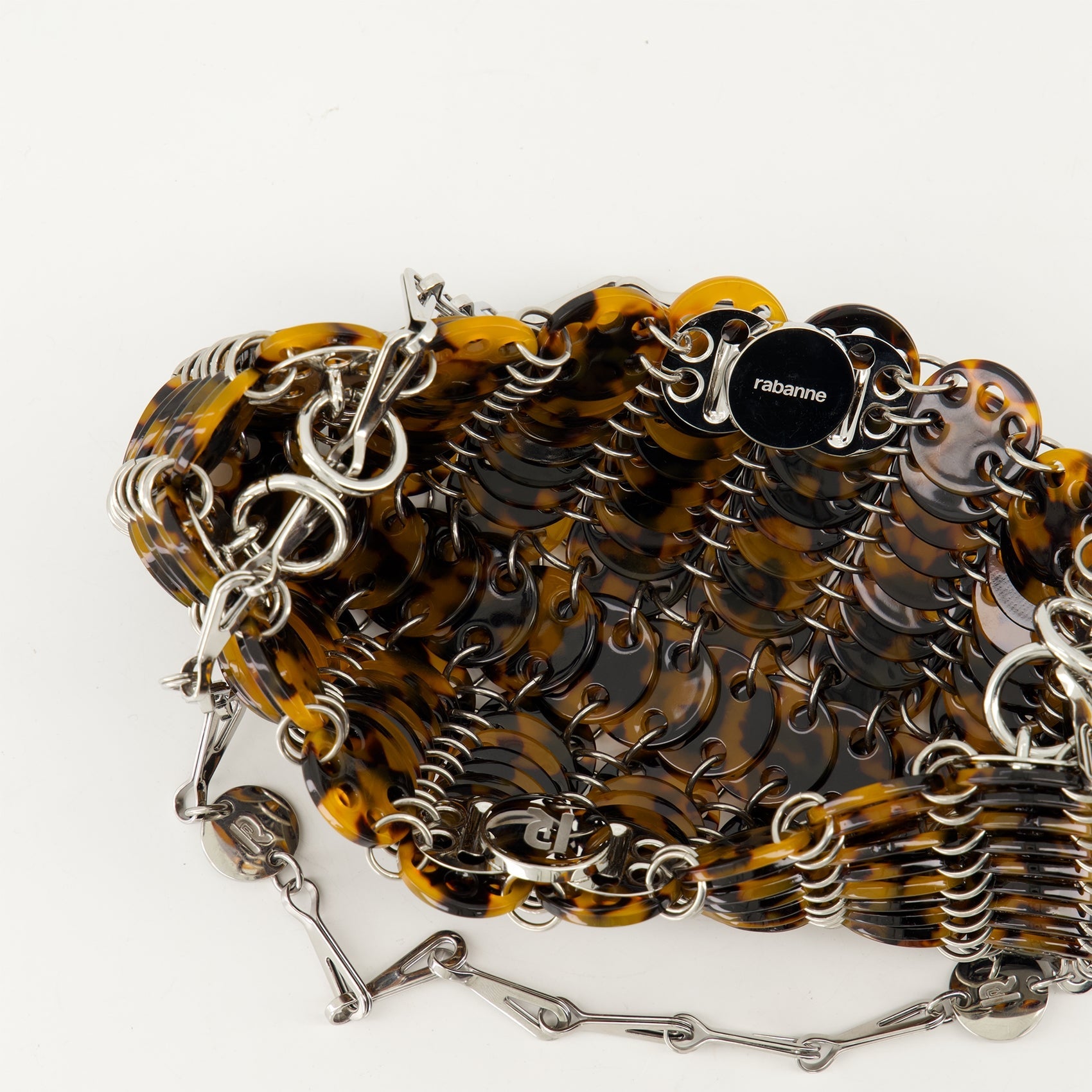 Iconic 1969 bag, tortoise shell print, Rabanne tote, resin and metal bag, Autumn-Winter 2024 collection