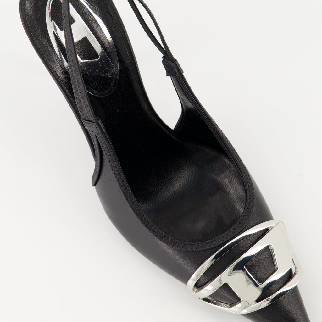 black nappa leather heels, Diesel D-Venus, pointed toe heels, luxury footwear, Autumn-Winter 2024 shoes