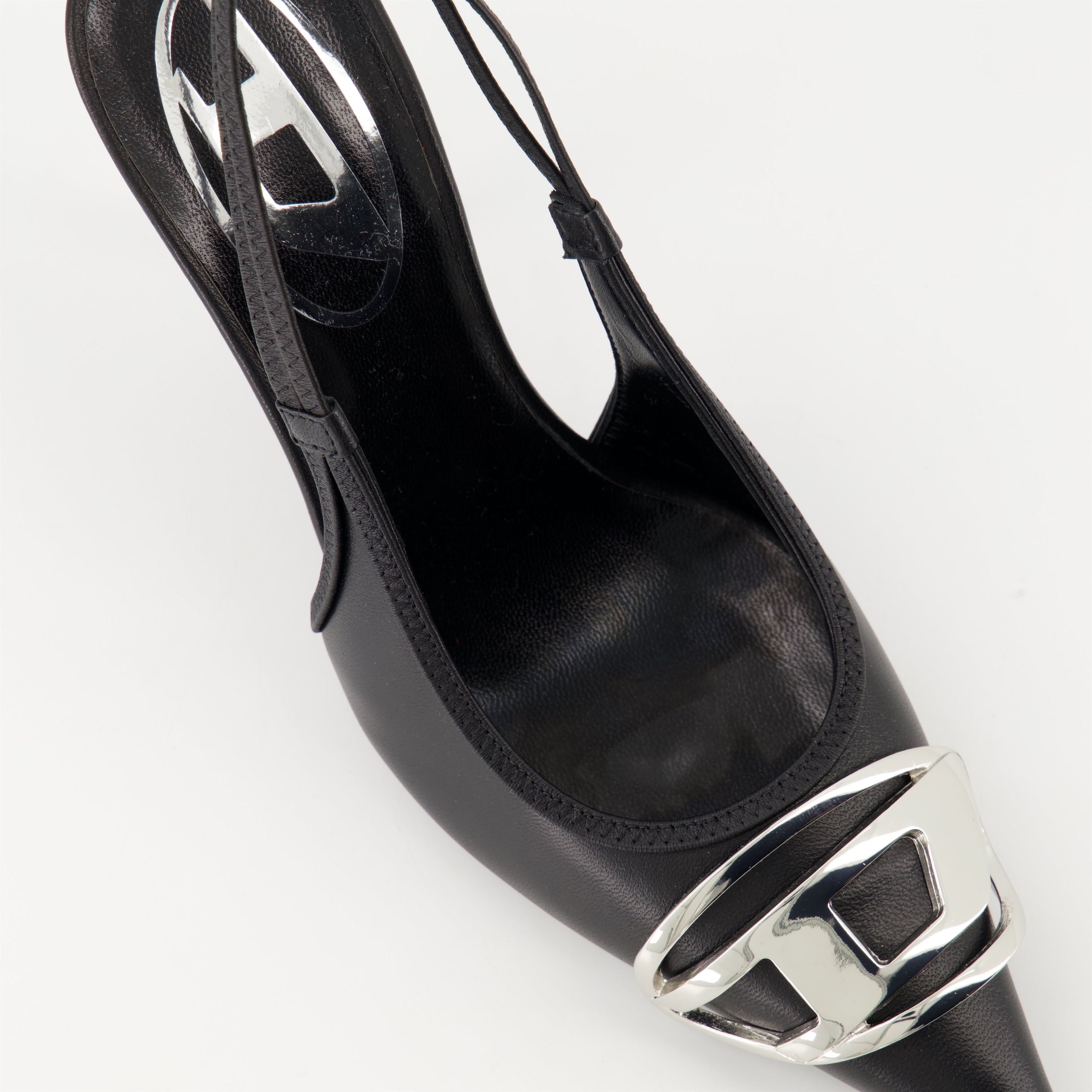 black nappa leather heels, Diesel D-Venus, pointed toe heels, luxury footwear, Autumn-Winter 2024 shoes