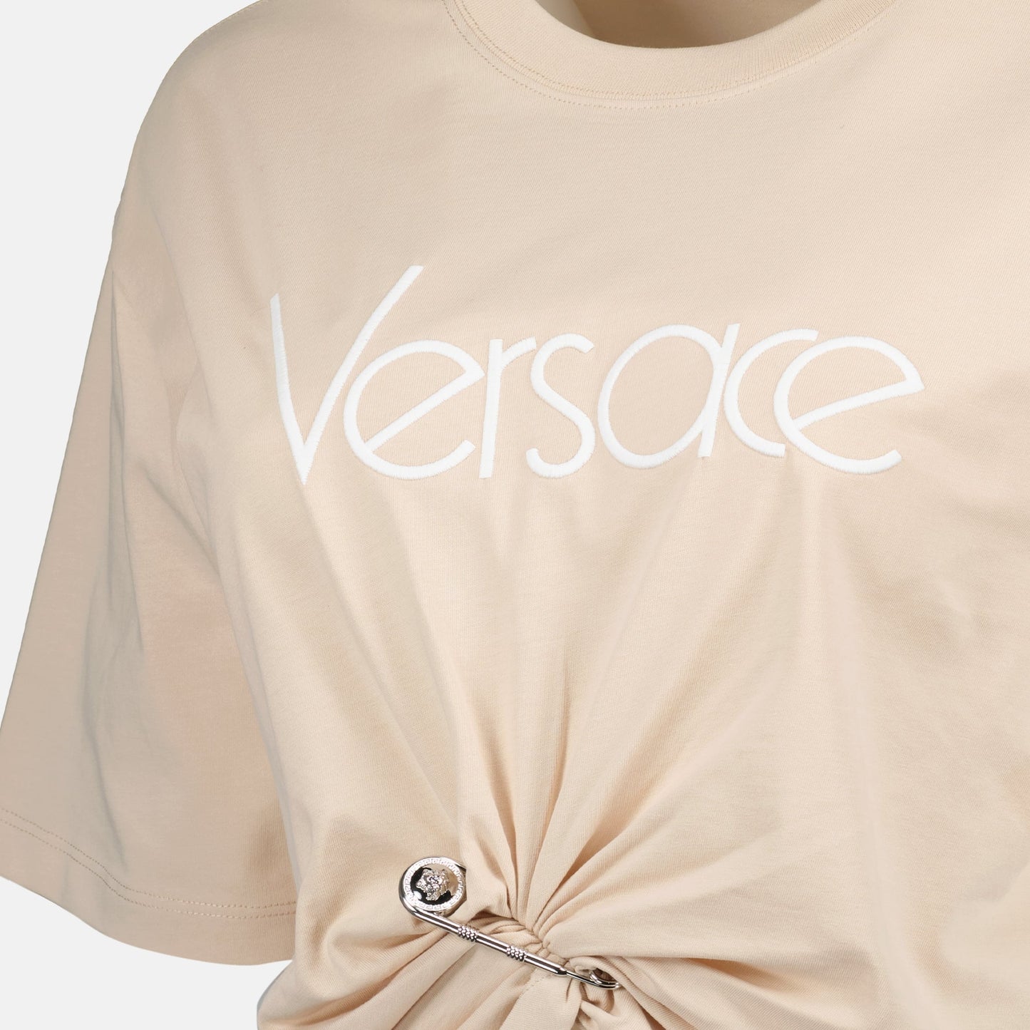 Versace crop tee, beige safety pin tee, cotton crop top, fashionable summer Tshirt, stylish beige tee