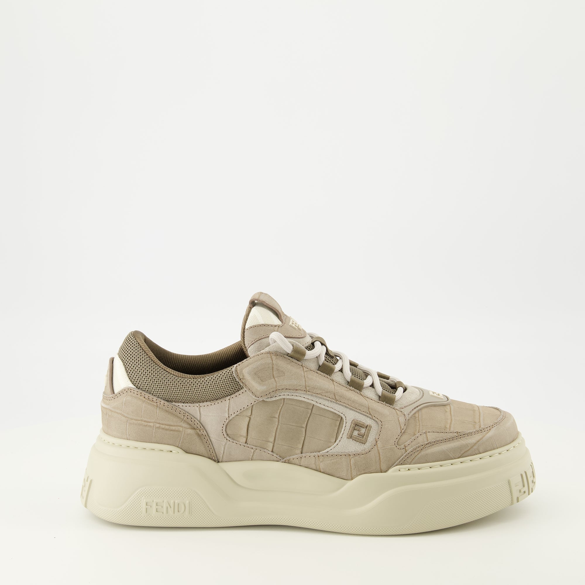 Fendi sneakers, calfskin shoes, grey athletic footwear, luxury sneakers, crocodile effect