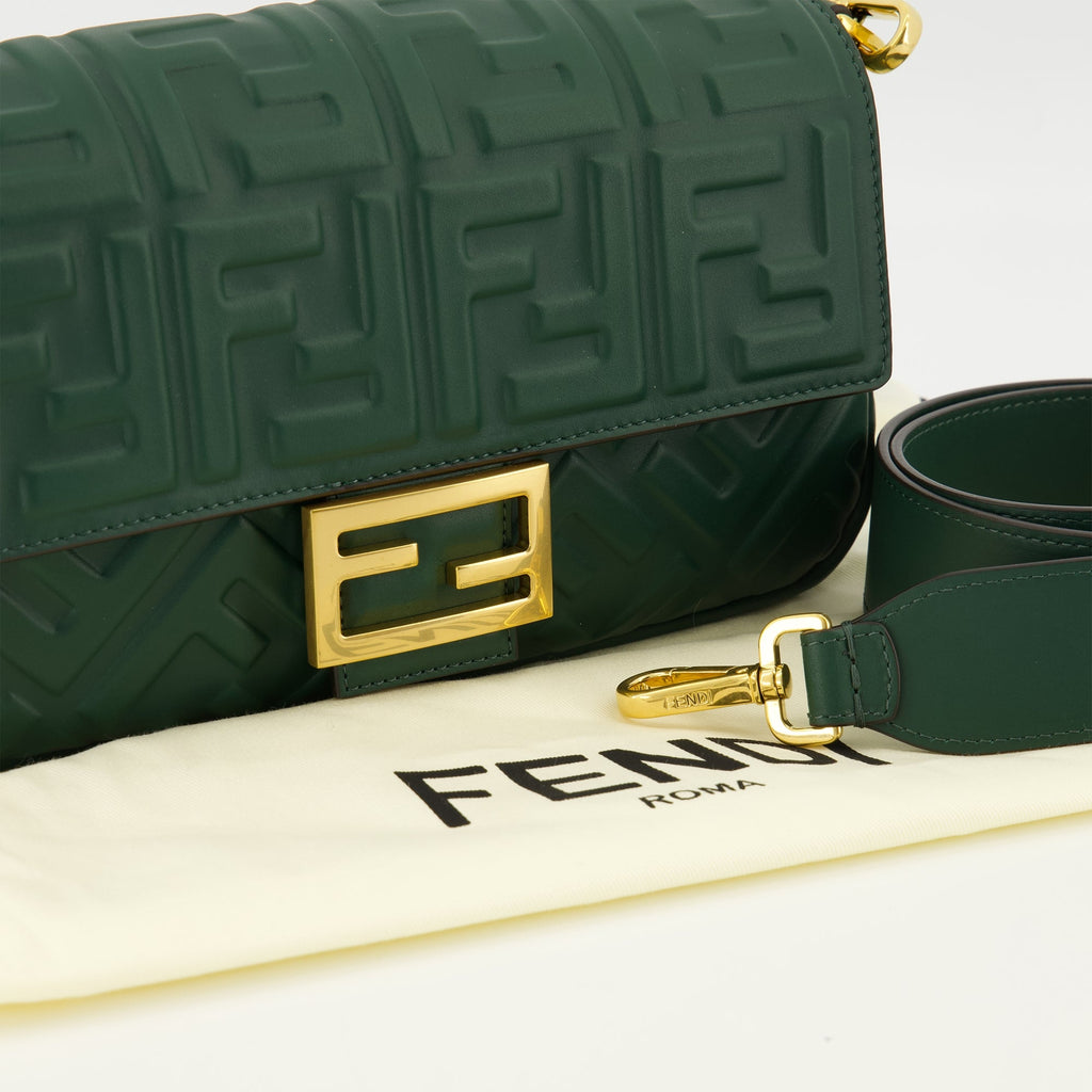Fendi baguette bag, dark green leather bag, 2025 collection bag, FF logo handbag, luxury fashion accessories