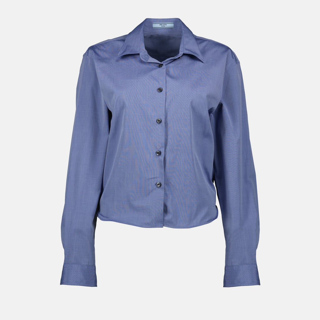 blue cotton shirt, Prada shirt, classic collar shirt, women's fashion, Spring-Summer 2025 collection