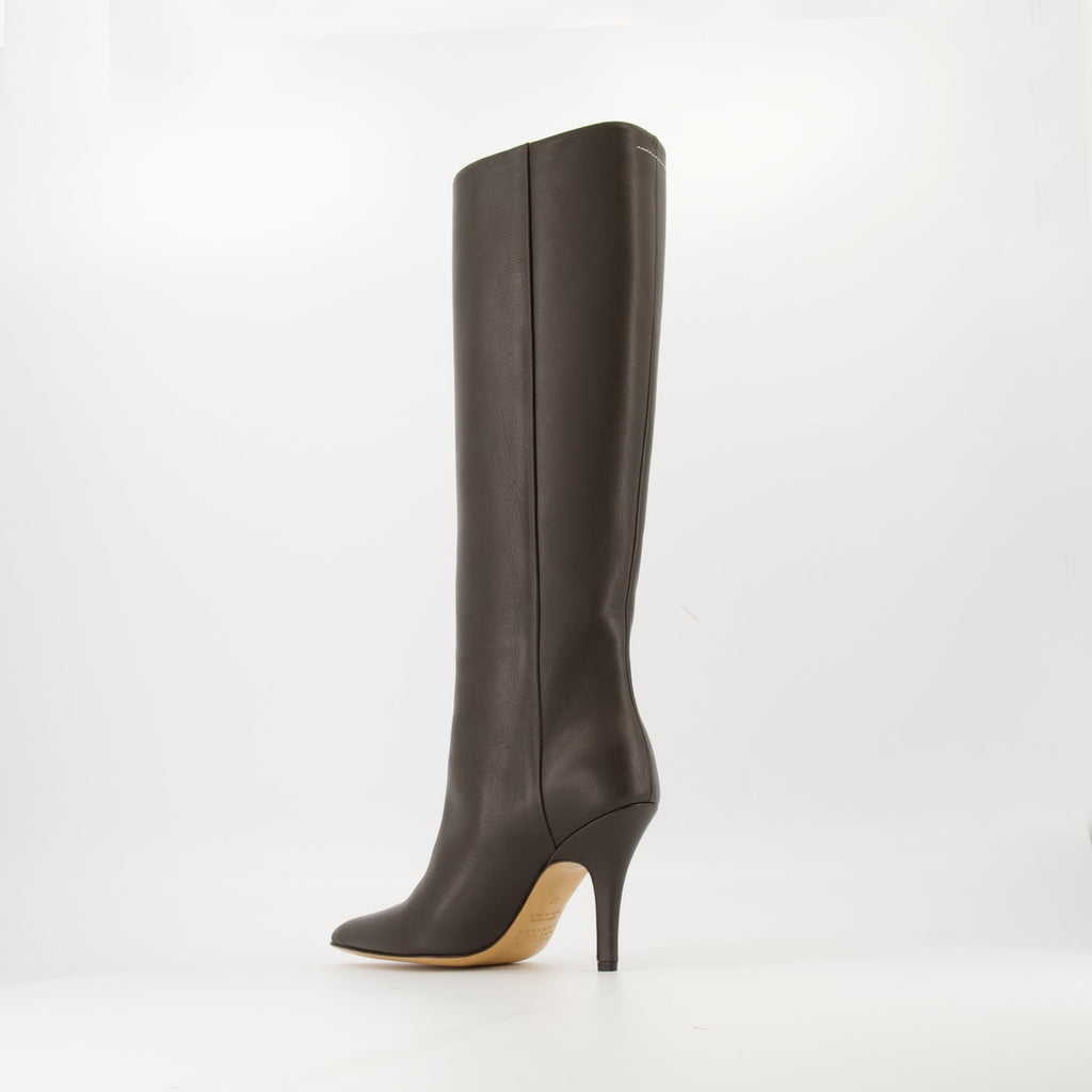 brown boots, Mm6 footwear, calf leather boots, pointed toe shoes, stiletto heel boots