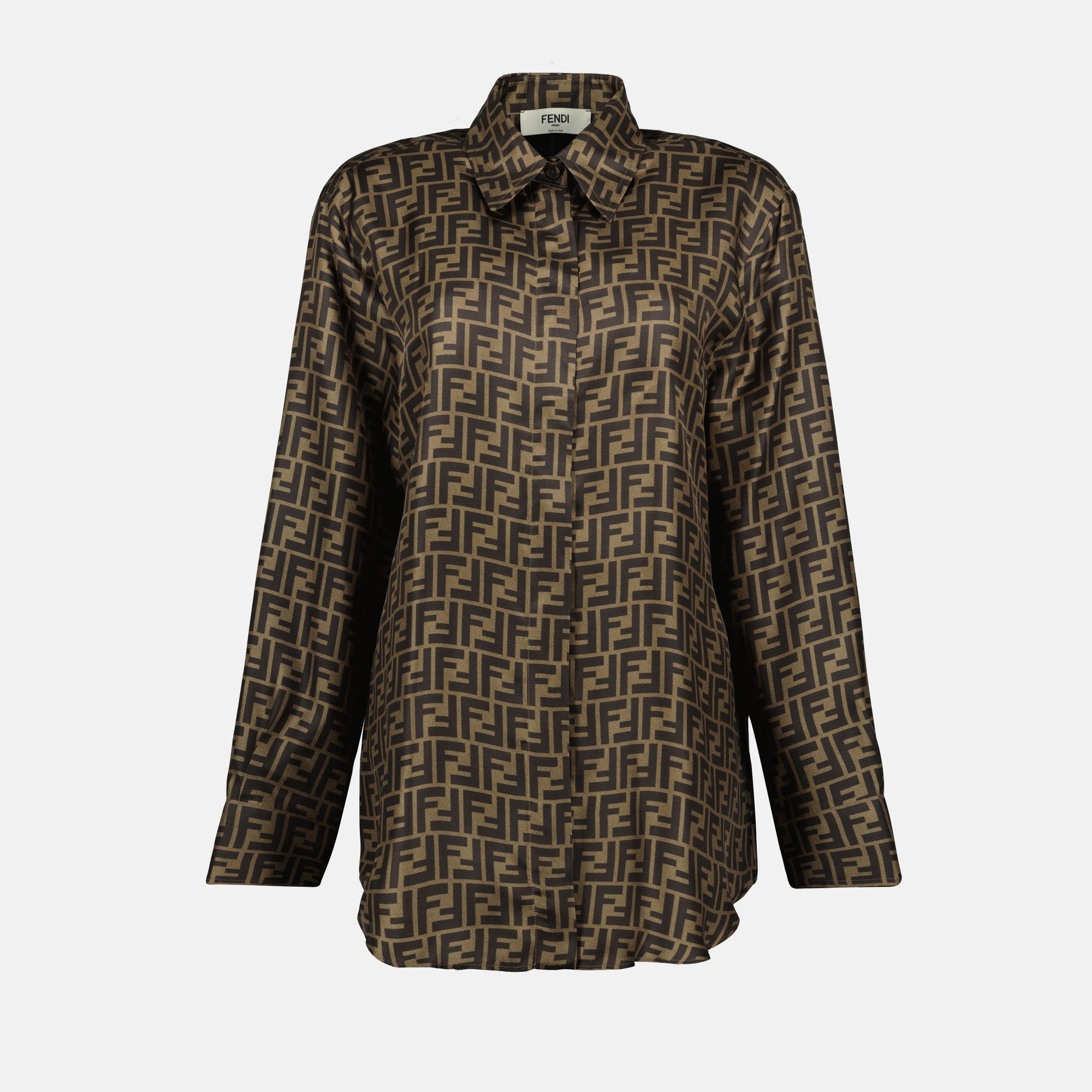 silk shirt, Fendi, FF print, brown shirt, luxury apparel