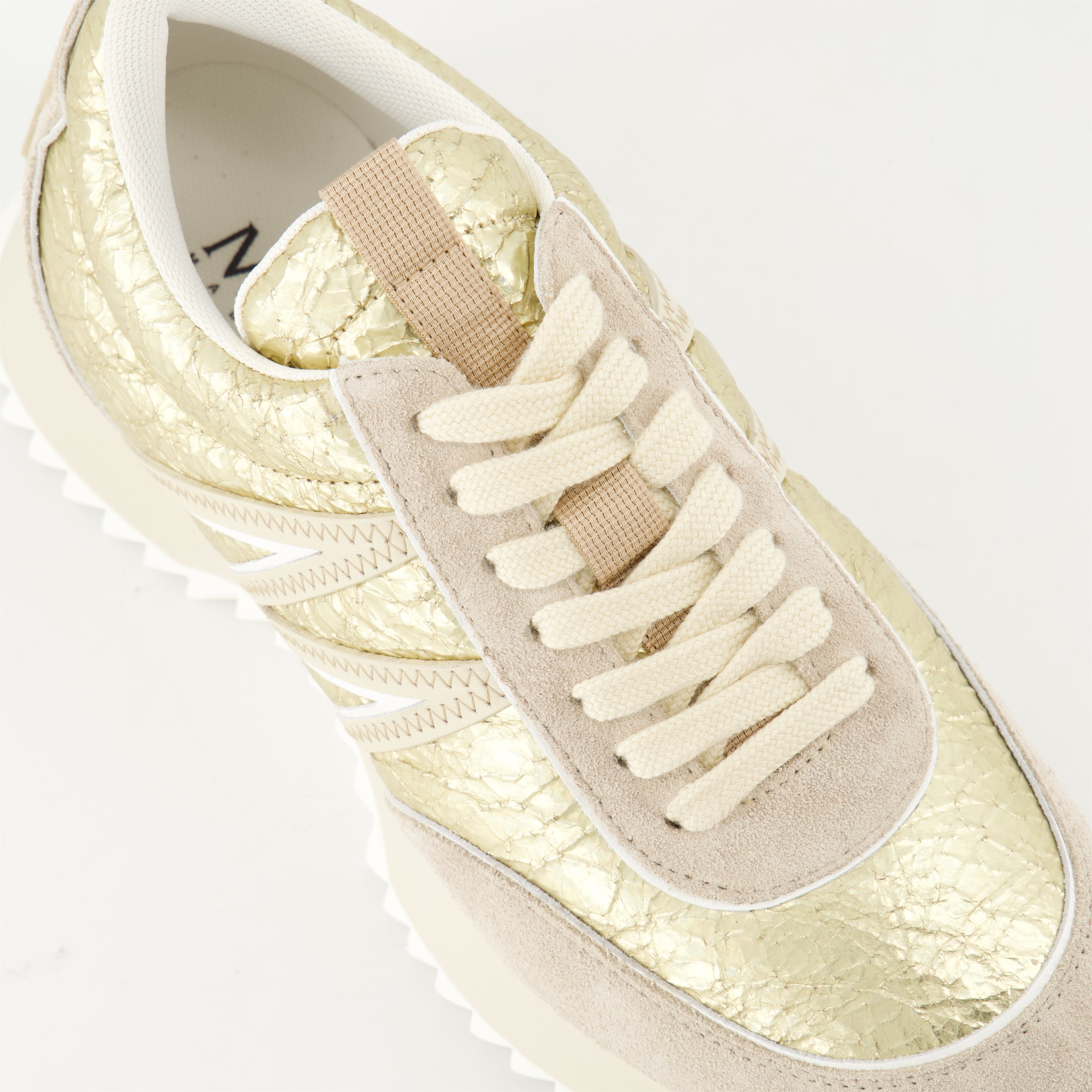 Pacey leather sneakers, Moncler footwear, metallic gold sneakers, women's fashion shoes, casual leather sneakers