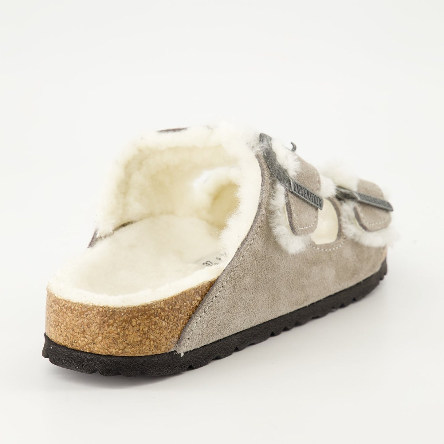 Birkenstock, shearling sandals, suede sandals, grey sandals, luxury footwear