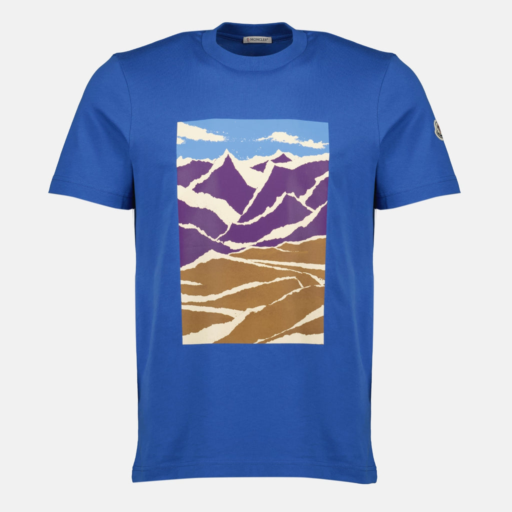 Moncler t-shirt, mountain print apparel, organic cotton t-shirt, casual fashion, blue casual wear
