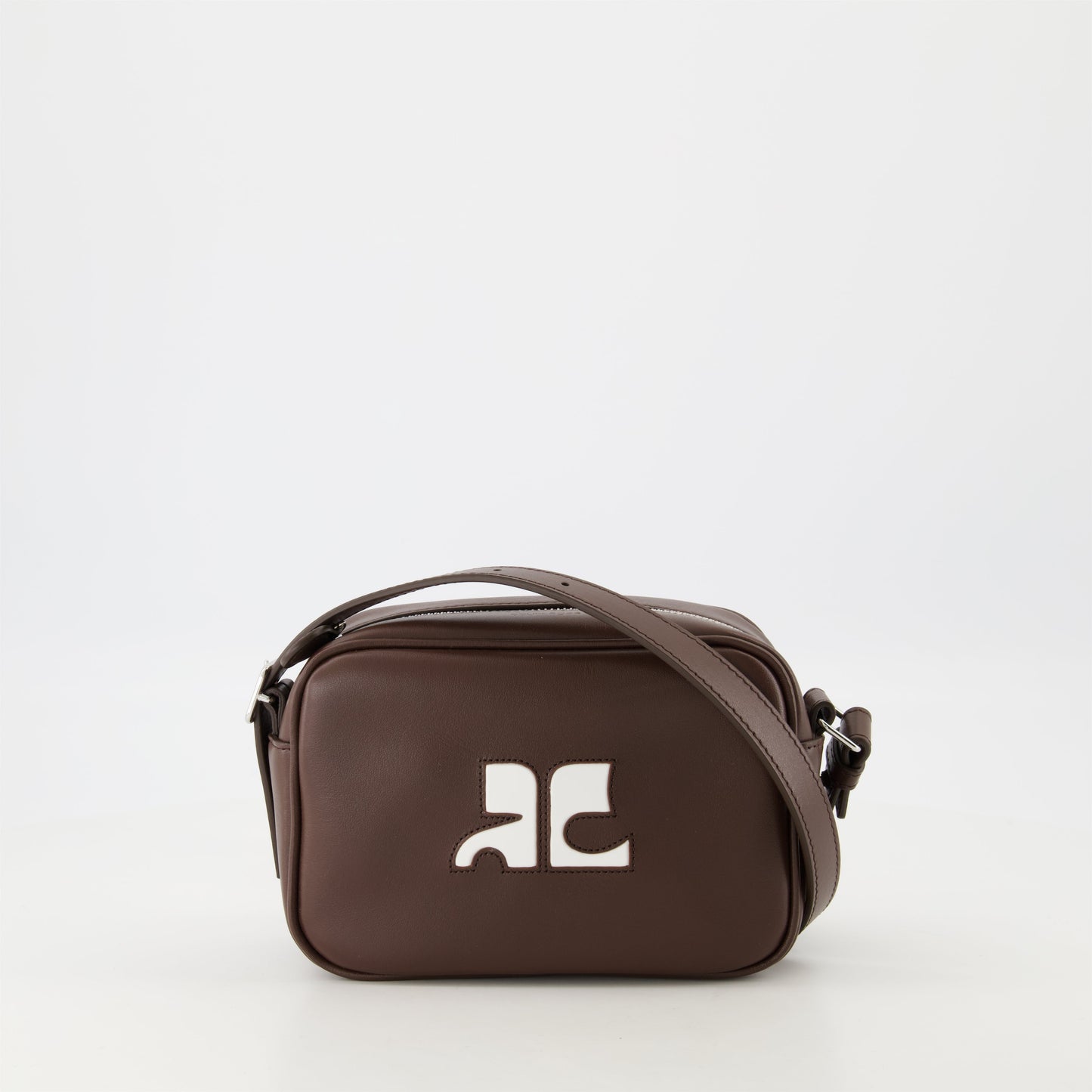 Camera bag, brown leather bag, Courrèges bag, unisex leather accessory, luxury fashion bag