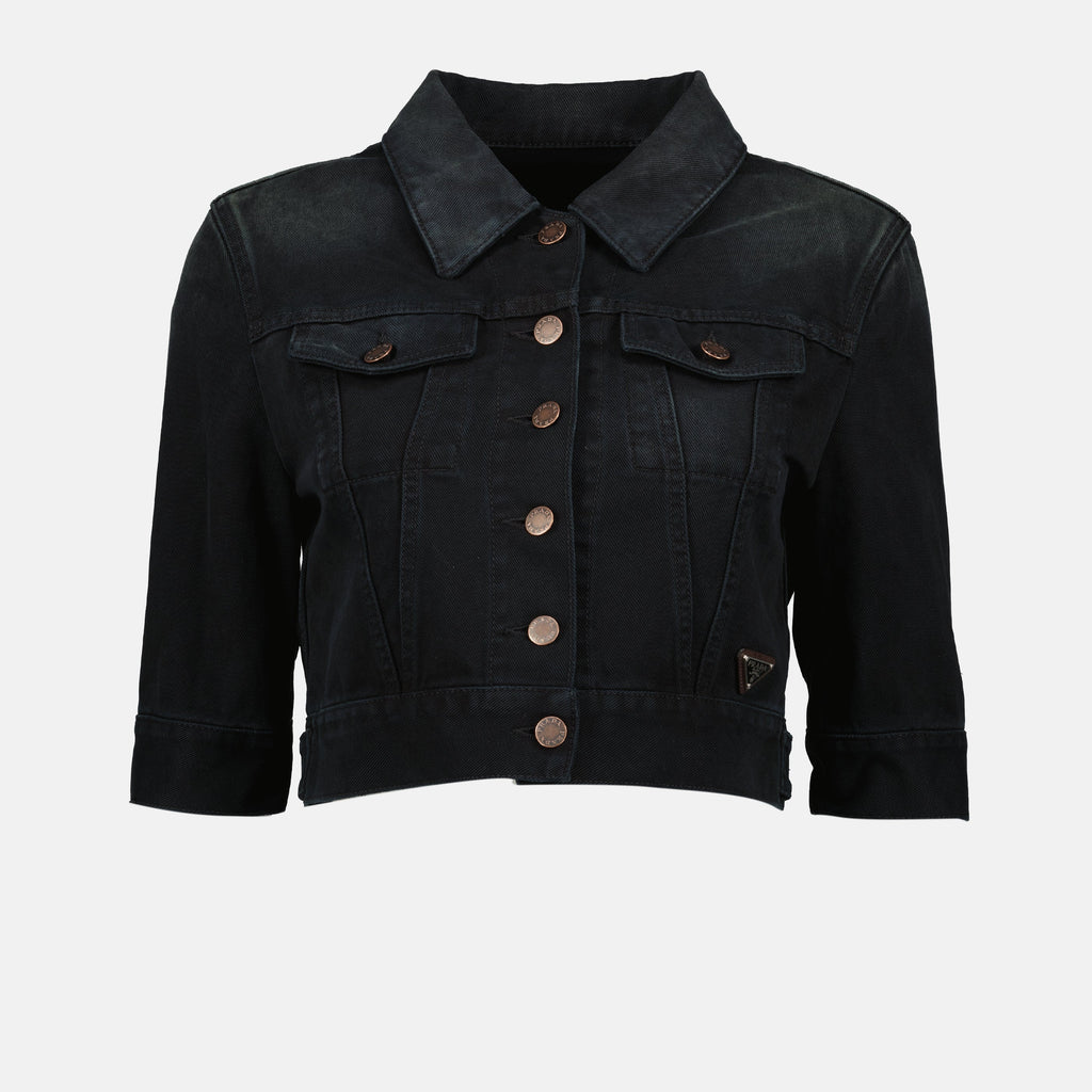 プラダの女性用ブラックデニムクロップジャケットの画像 - シーズン春夏2025 - 前面ビュー