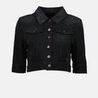 Immagine di una giacca cropped in denim nero di Prada per donne - Stagione Primavera-Estate 2025 - Vista frontale