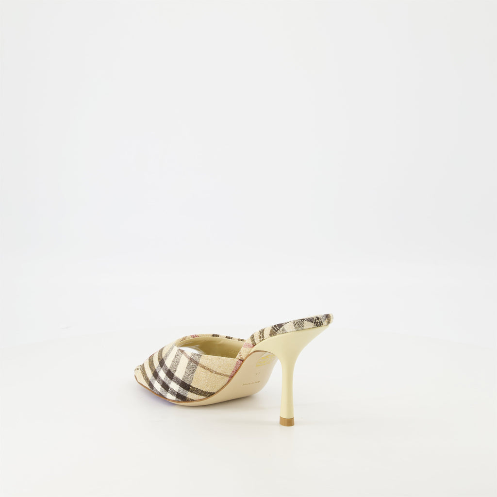 checkered mules, heeled mules, open toe shoes, linen footwear, vintage print mules