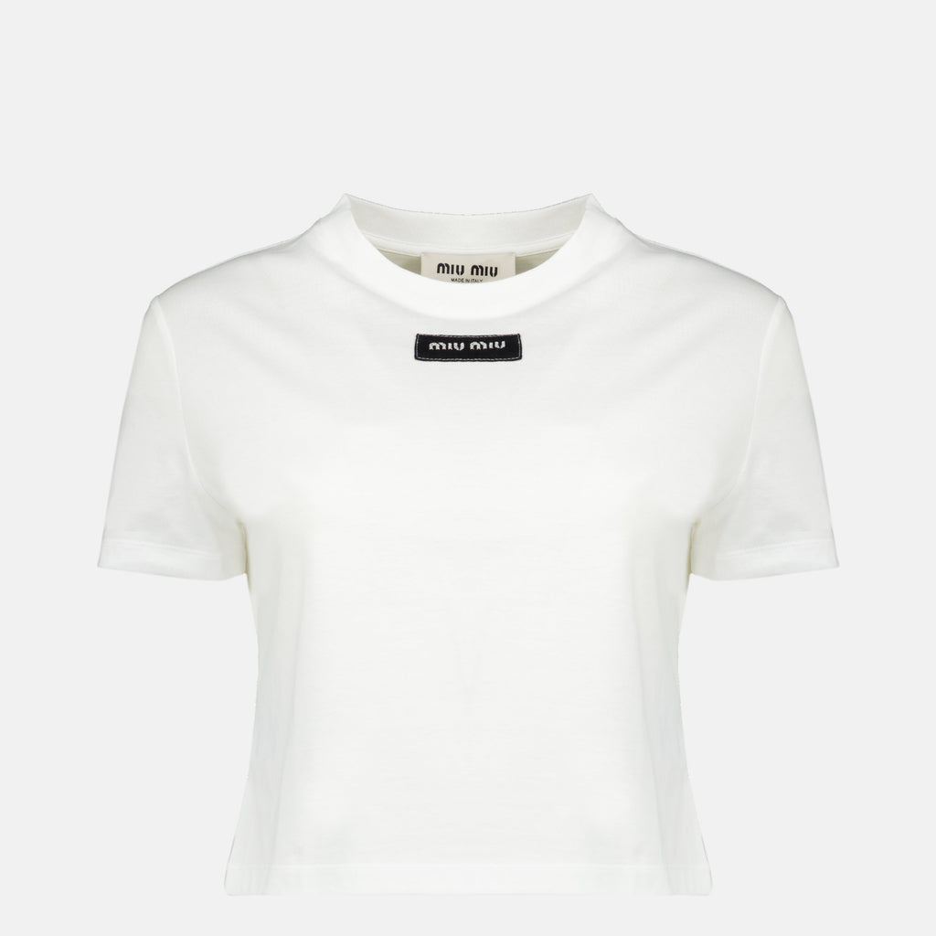 Weißes Baumwoll-T-Shirt mit gesticktem Logo