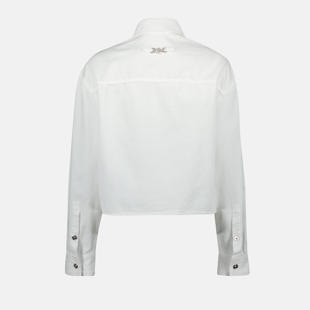 Versace denim shirt, Medusa 95, white denim, puff sleeve shirt, metal accent shirt