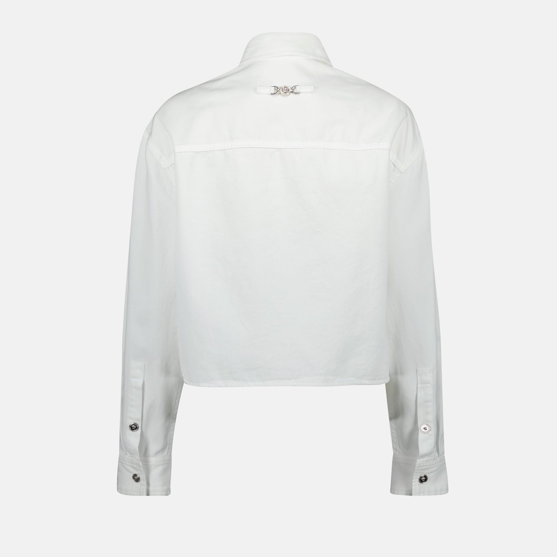 Versace denim shirt, Medusa 95, white denim, puff sleeve shirt, metal accent shirt