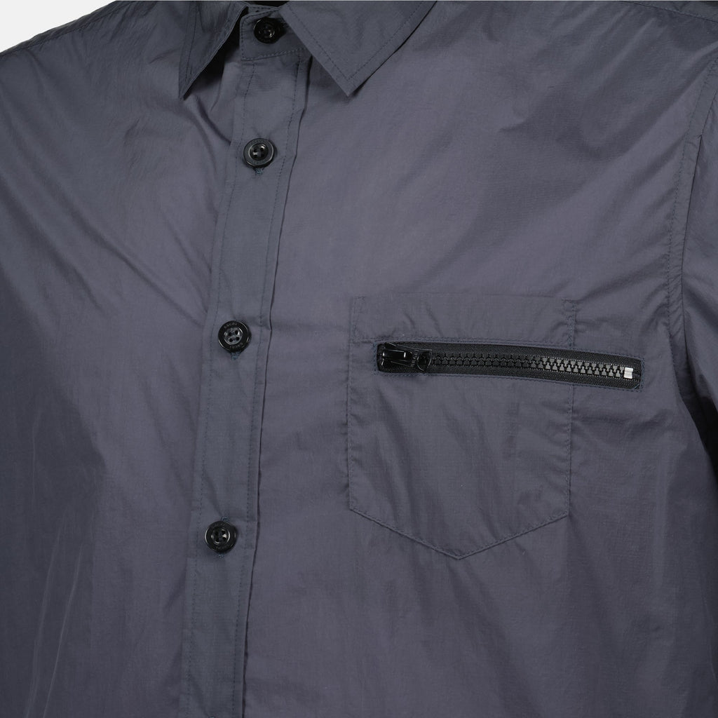 nylon shirt, blue-grey shirt, classic collar shirt, Sacai collection, short sleeve shirt