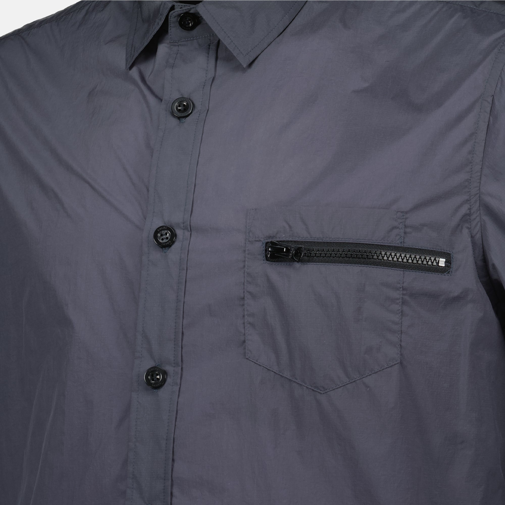 nylon shirt, blue-grey shirt, classic collar shirt, Sacai collection, short sleeve shirt
