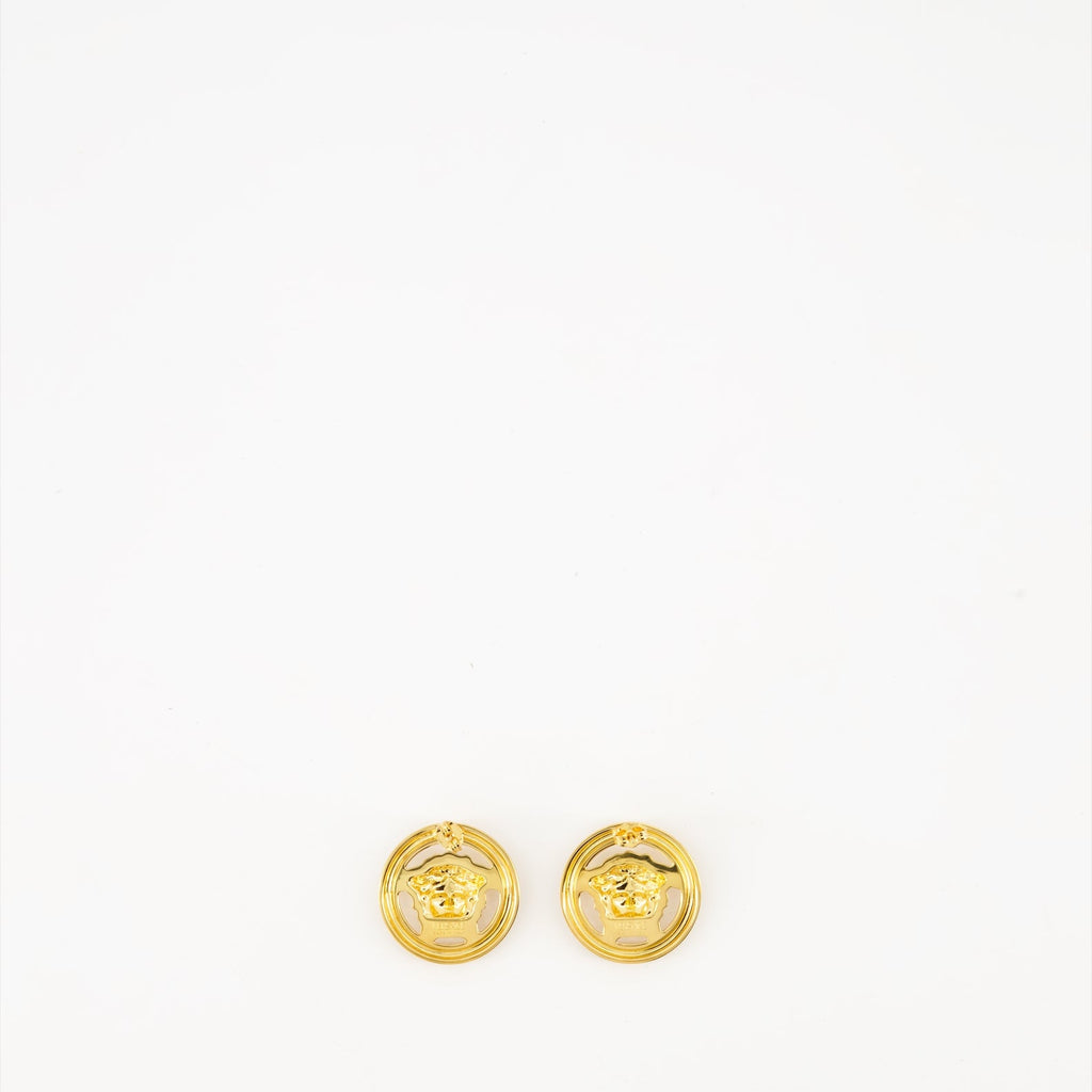 Versace earrings, gold metal earrings, luxury jewelry, designer accessories, Medusa earrings