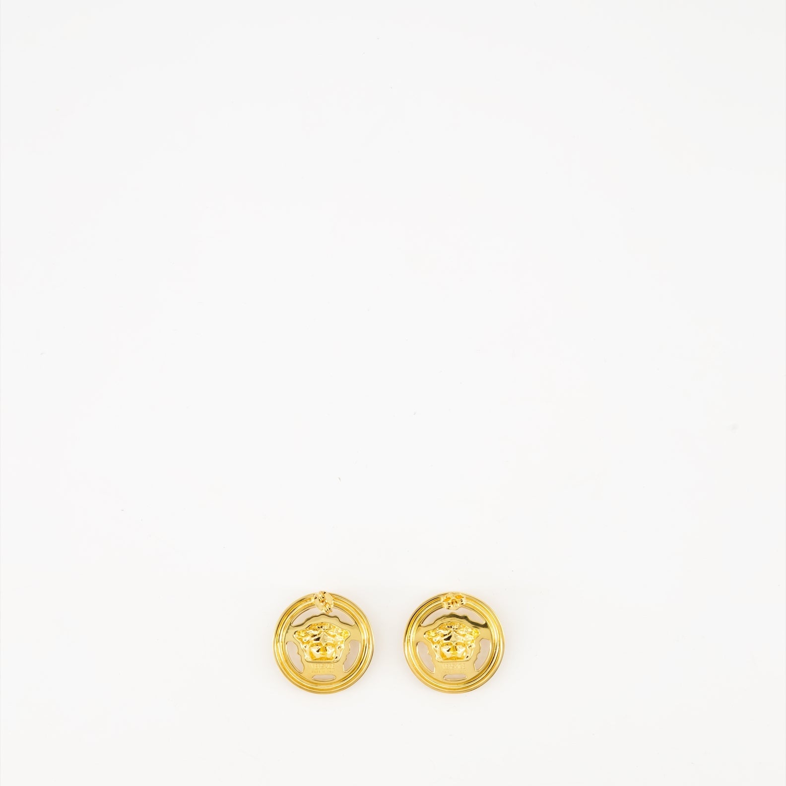 Versace earrings, gold metal earrings, luxury jewelry, designer accessories, Medusa earrings