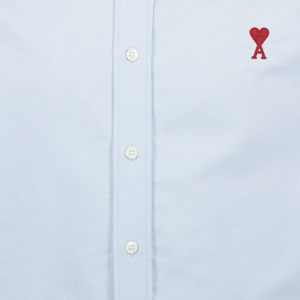 light blue cotton shirt, AMI Paris, unisex shirt, classic collar shirt, embroidered logo shirt