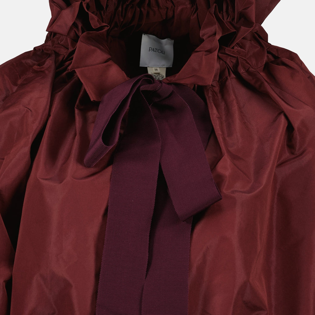 bordeaux blouse, Patou, lavallière collar, puffed sleeves, recycled polyester