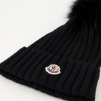 Image of Wool Beanie with Black Pom Pom by Moncler for Women - Season Autumn-Winter 2025 - Detail View 1
