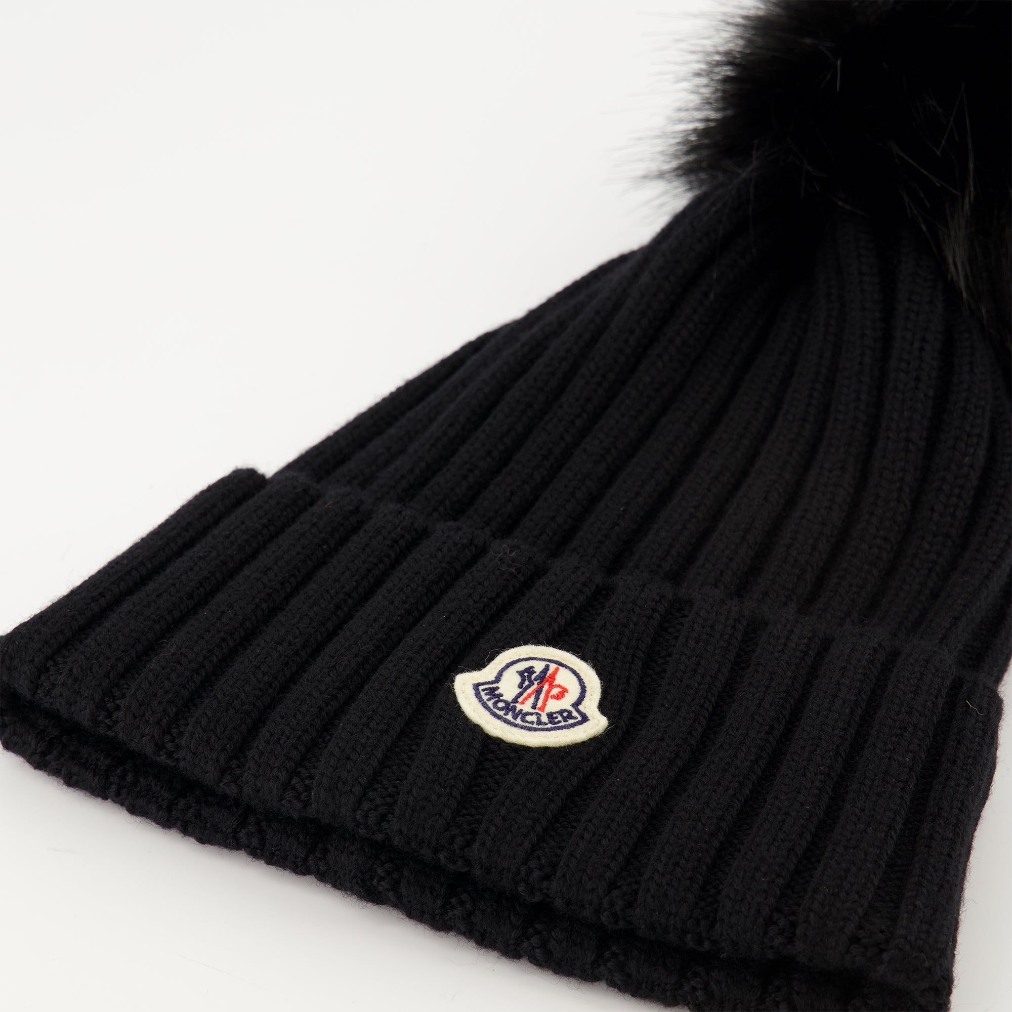 Moncler beanie, wool hat, autumn winter accessory, black pom pom, luxury headwear