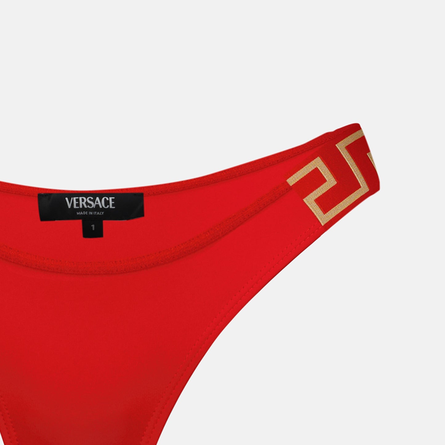 red bikini bottoms, Greca elastic, Versace bikini, high-cut design, Autumn-Winter 2024