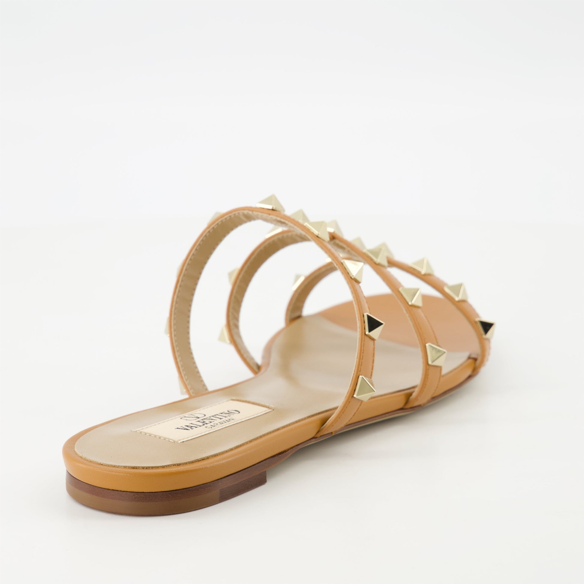 Valentino sandals, Camel leather sandals, Rockstud shoes, Platinum studded sandals, Open-toe leather footwear