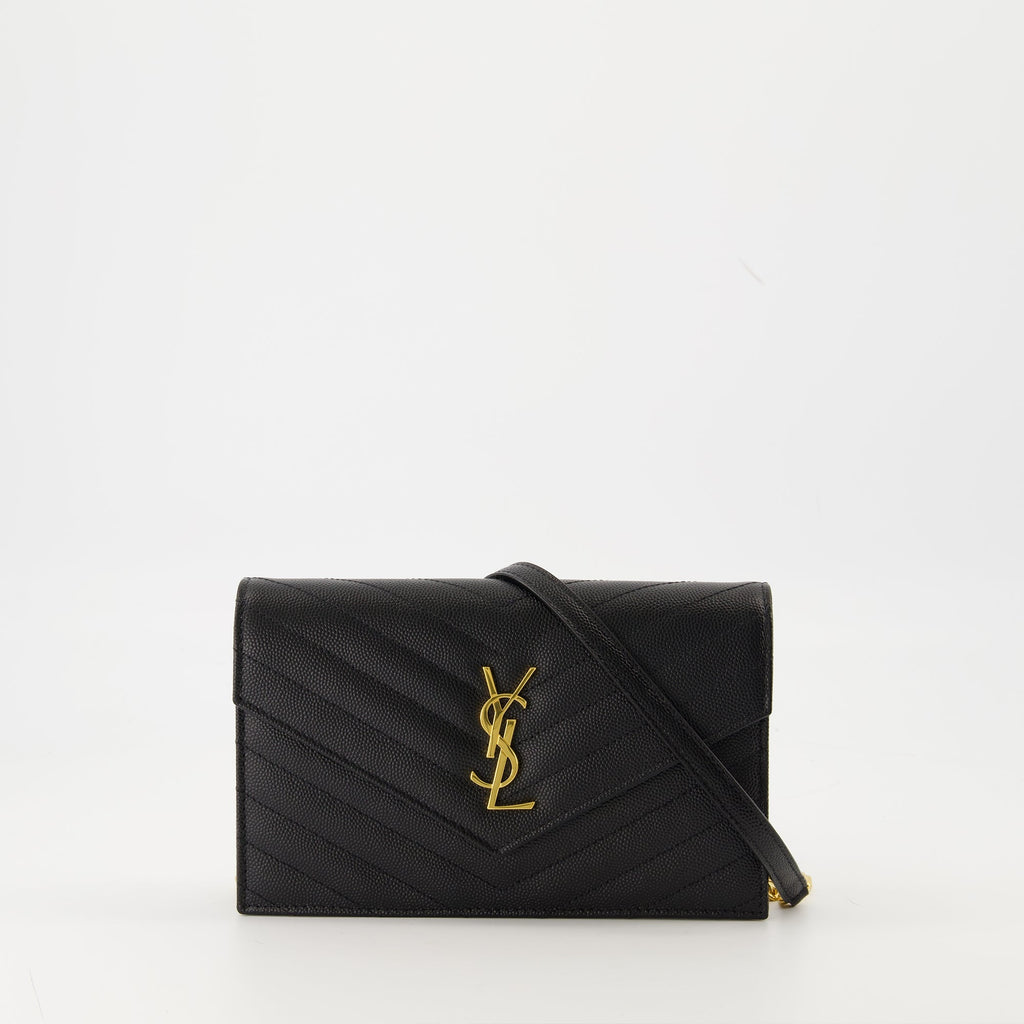 black wallet, Saint Laurent accessory, grained leather wallet, designer wallet, chain wallet
